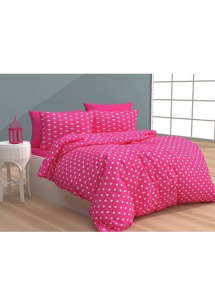 Evimce Linens Piti Kalp Pembe Çift Kişilik Düz Çarşaflı Nevresim Takımı