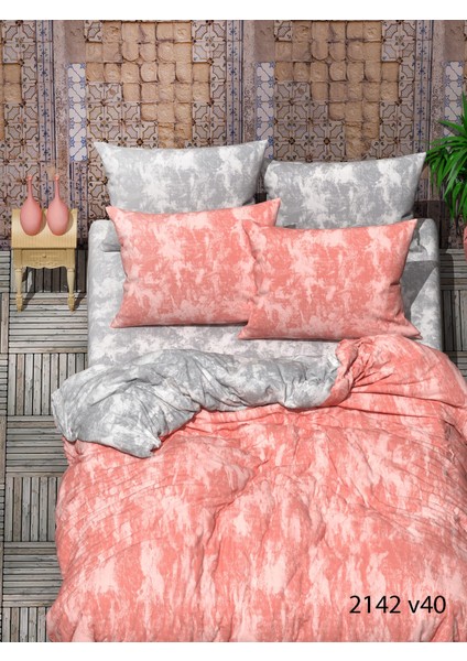 Evimce Linens Pembe Basma Çift Kişilik Lastikli Çarşaflı Nevresim Takımı