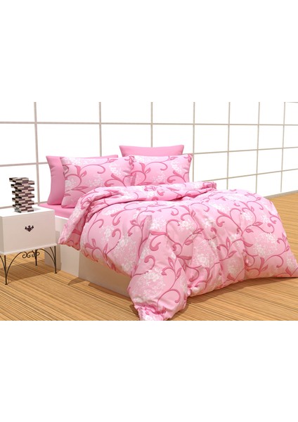 Evimce Linens Pembe Sarmaşık Çift Kişilik Lastikli Çarşaflı Nevresim Takımı