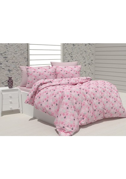 Evimce Linens Pembe Yıldızlar Çift Kişilik Düz Çarşaflı Nevresim Takımı