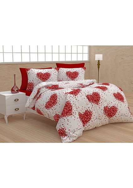 Evimce Linens Love Kırmızı Çift Kişilik Lastikli Çarşaflı Nevresim Takımı