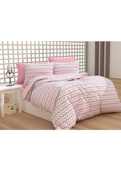 Evimce Linens Pembe Zigzag Çift Kişilik Düz Çarşaflı Nevresim Takımı