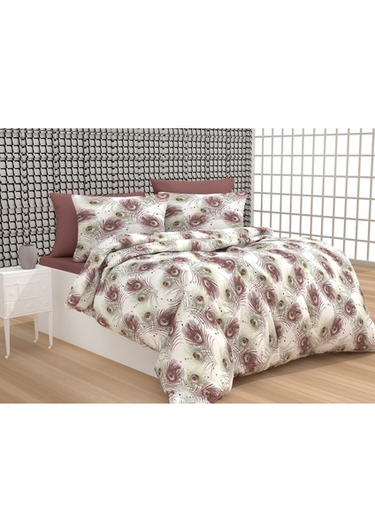 Evimce Linens Bordo Tavus  Çift Kişilik Lastikli Çarşaflı Nevresim Takımı