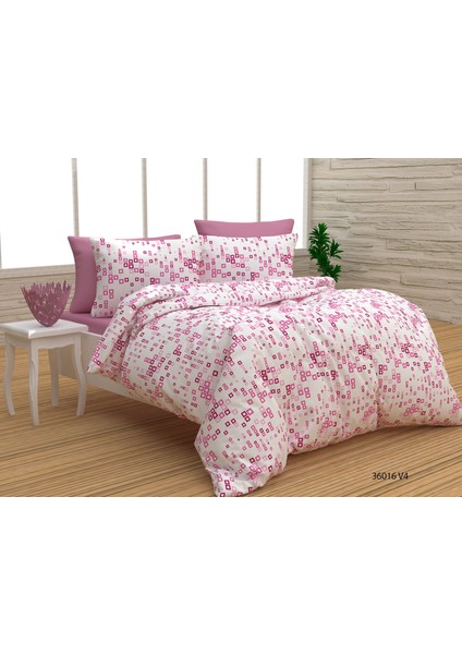 Evimce Linens Pembe Kareli Çift Kişilik Lastikli Çarşaflı Nevresim Takımı