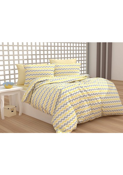 Evimce Linens Sarı Zigzag Çift Kişilik Lastikli Çarşaflı Nevresim Takımı