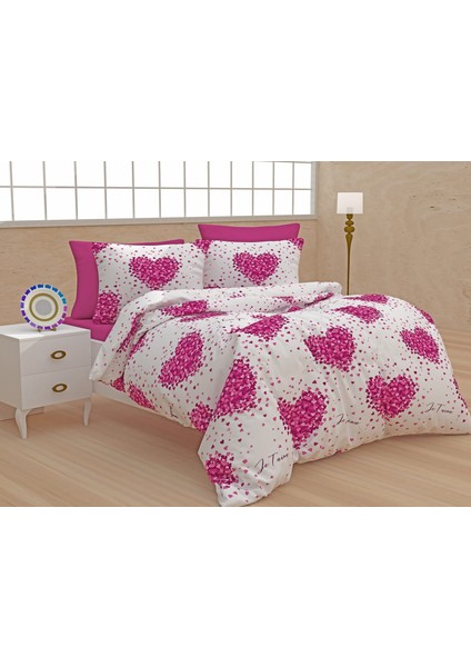 Evimce Linens Love Pembe Çift Kişilik Lastikli Çarşaflı Nevresim Takımı