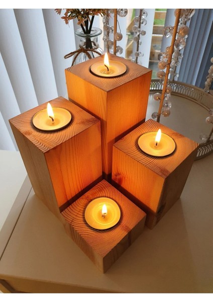 Pembe El Yapımı Rustik Tea Light Mumluk Seti 4'lü Ahşap 4