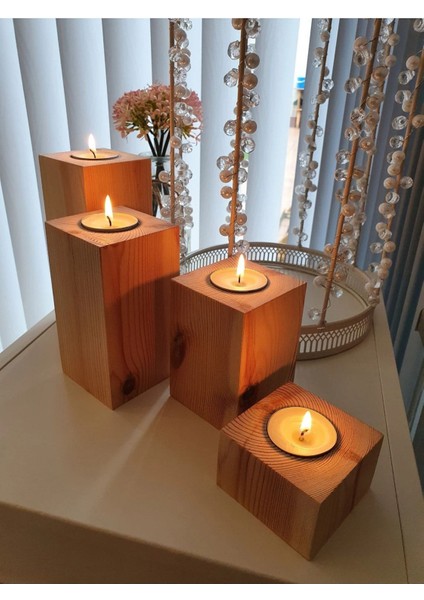 Pembe El Yapımı Rustik Tea Light Mumluk Seti 4'lü Ahşap 4 fiyatları