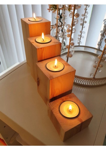 Pembe El Yapımı Rustik Tea Light Mumluk Seti 4'lü Ahşap 4 modelleri
