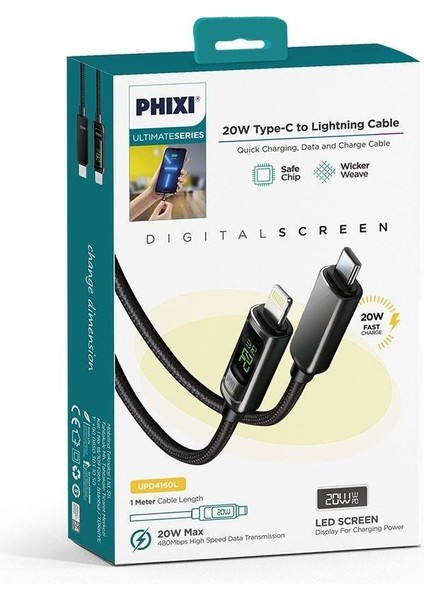 Ultimate LCD Güç Göstergeli Apple iPhone Hızlı Şarj ve Data Kablosu 20W Type-C To Lightning Hasır Kablo