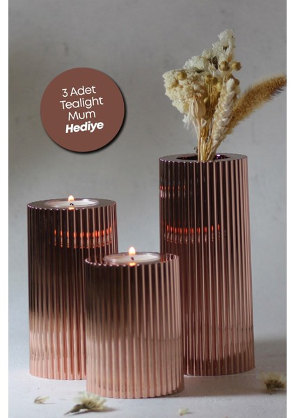 3 3 Lü Bakır Krom Tırtıklı Yüzey Mumluk Dekoratif Tealight Set Mum Abs Plastik Metalik Plastik