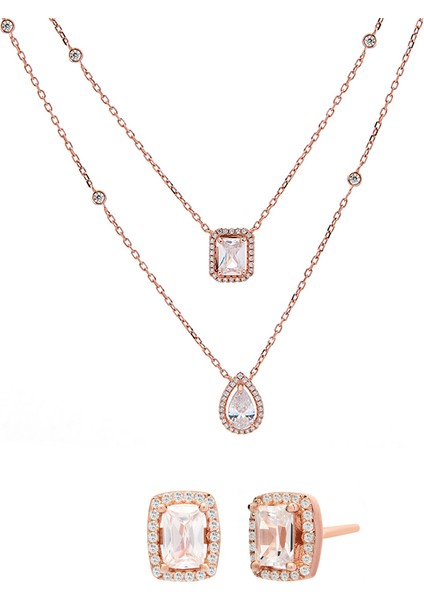 Swarovski Taşlı Rose Gold Gümüş Baget Çiftli Kolye ve Küpe Set (Altın Kaplama)