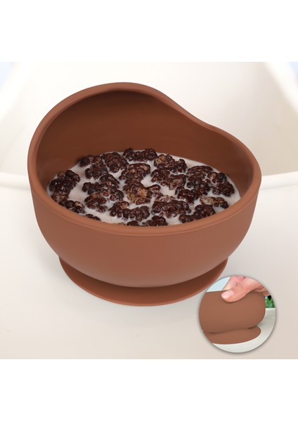 Vakum Tabanlı Bebek Mama Kasesi - Vakumlu Oval Silikon Kase - Kahve