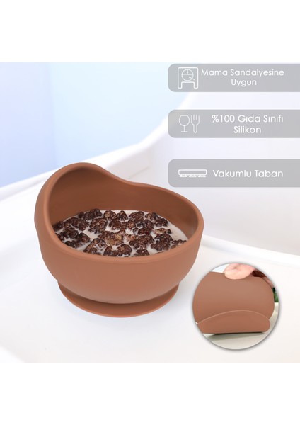 Vakum Tabanlı Bebek Mama Kasesi - Vakumlu Oval Silikon Kase - Kahve fiyatları
