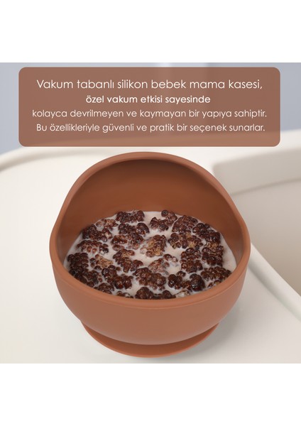 Vakum Tabanlı Bebek Mama Kasesi - Vakumlu Oval Silikon Kase - Kahve fırsatları