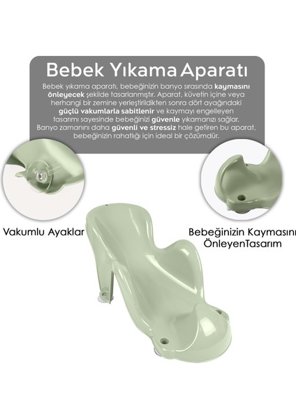 Meleni Baby Vakum Tabanlı Bebek Yıkama Banyo Aparatı - Bebek Yıkama Koltuğu Küvet Oturağı - Yeşil