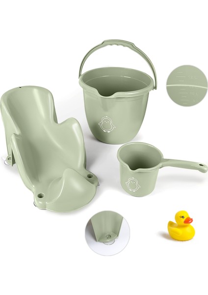 3'lü Bebek Banyo Seti - Vakum Tabanlı Yıkama Aparatı - Banyo Su Kovası - Maşrapa - Yeşil