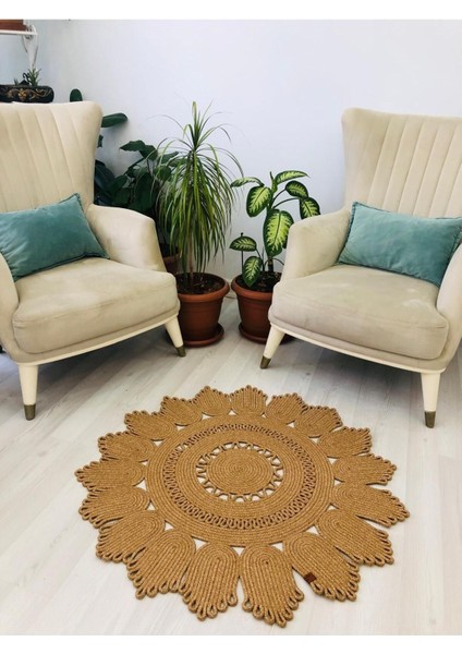 Jüt Hasır Görünümlü Desenli Modern El Örgüsü Daire Halı Kilim