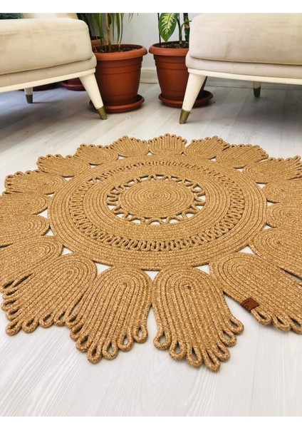 Jüt Hasır Görünümlü Desenli Modern El Örgüsü Daire Halı Kilim