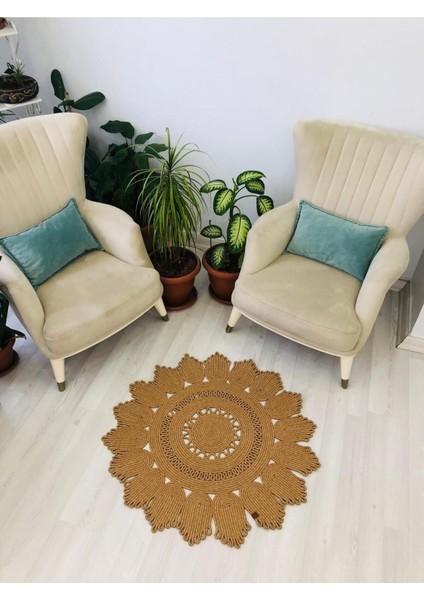 Jüt Hasır Görünümlü Desenli Modern El Örgüsü Daire Halı Kilim