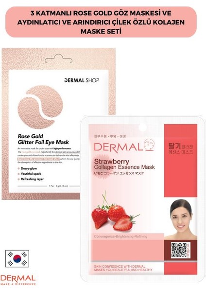 3 Katmanlı Rose Gold Göz Maskesi ve Aydınlatıcı ve Arındırıcı Çilek Özlü Kolajen Maske Seti