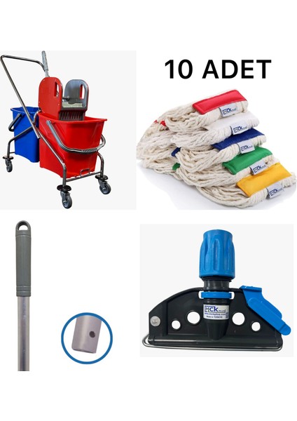 Krom Çift Kovalı Paspas Arabası,Temizlik Arabası Plastik Presli 10 Adet Mop Setli