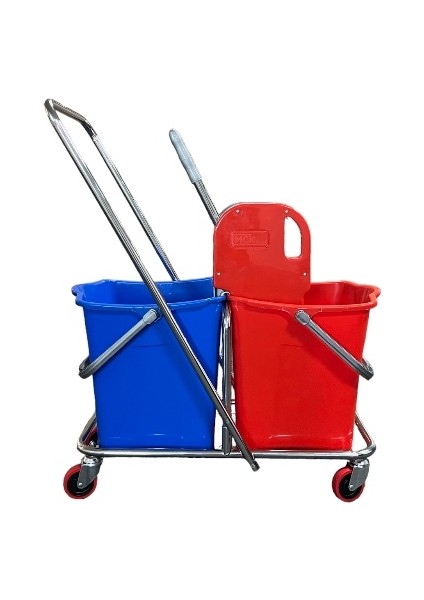 Krom Çift Kovalı Paspas Arabası,Temizlik Arabası Plastik Presli 10 Adet Mop Setli
