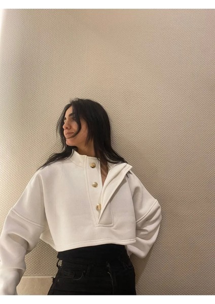 Düğme Detaylı Crop Sweatshirt