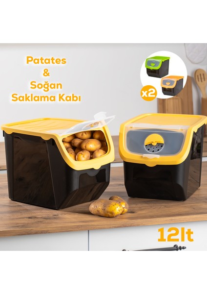 1506 Sarı 2'li Çok Amaçlı Plastik Patates Soğan Sarımsak Saklama Kutusu 12l
