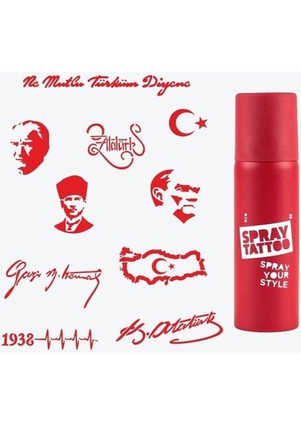 Atatürk ve Cumhuriyet Dövme Şablon Seti + Kırmızı Sprey
