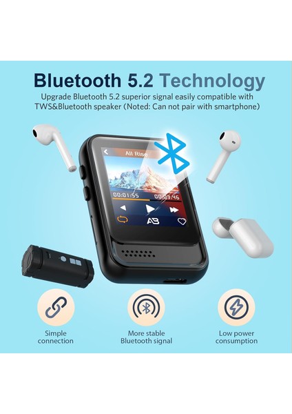 Bluetooth Mp3 Çalar, 16GB Dahili Bellekli Taşınabilir, Fm Radyo Desteği, Ses Kaydı, E-Kitap