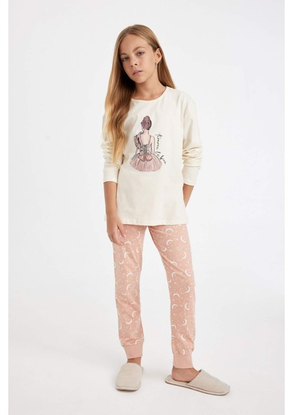 Kız Çocuk Pijama Takımı Balerin Kız Baskılı Uzun Kollu Üst Uzun Alt D6051A824AU