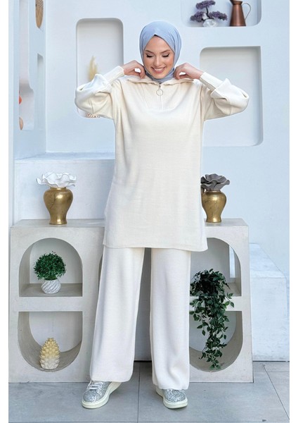 Yakası Fermuarlı Tunik ve Pantolon Ikili Triko Takım 2-1535 Taş