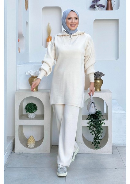 Yakası Fermuarlı Tunik ve Pantolon Ikili Triko Takım 2-1535 Taş modelleri