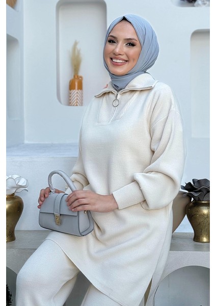 Yakası Fermuarlı Tunik ve Pantolon Ikili Triko Takım 2-1535 Taş fırsatları