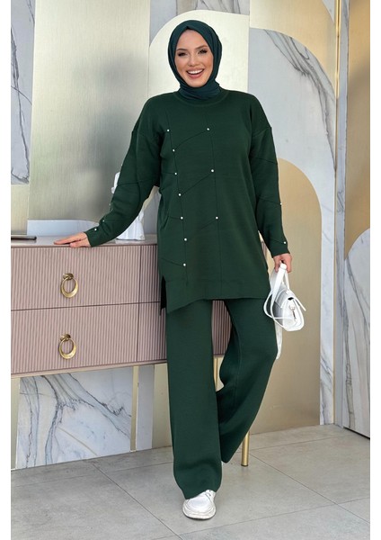 Taş Detaylı Tunik ve Pantolon Ikili Triko Takım 2-1545 Zümrüt