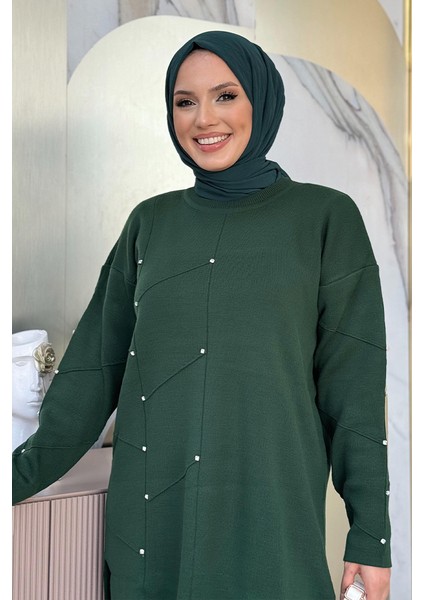 Taş Detaylı Tunik ve Pantolon Ikili Triko Takım 2-1545 Zümrüt fırsatları