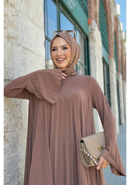 Pilise Detaylı Uzun Tunik ve Pantolon Ikili Takım 8575 Taba