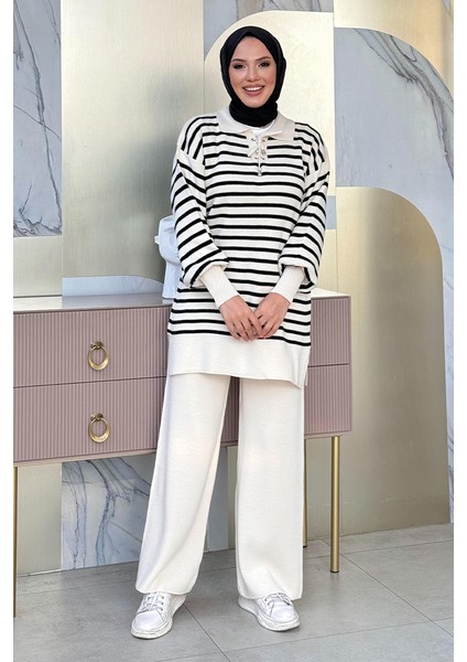 Yaka Bağlama Detaylı Tunik ve Pantolon Ikili Triko Takım 2-1515 Taş