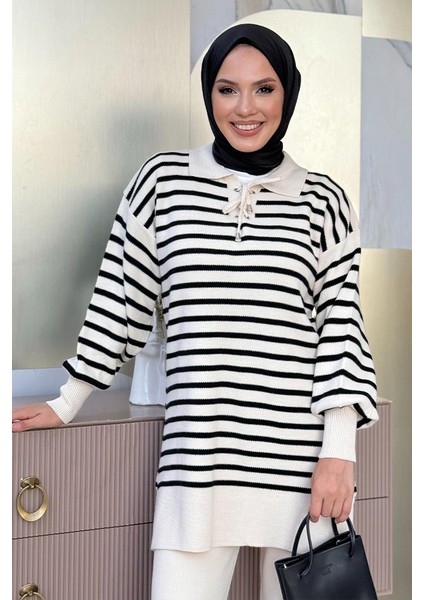 Yaka Bağlama Detaylı Tunik ve Pantolon Ikili Triko Takım 2-1515 Taş fırsatları