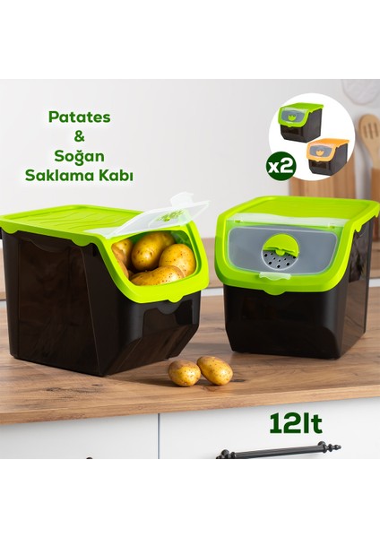 1506 Yeşil 2'li Çok Amaçlı Plastik Patates Soğan Sarımsak Saklama Kutusu 12 l