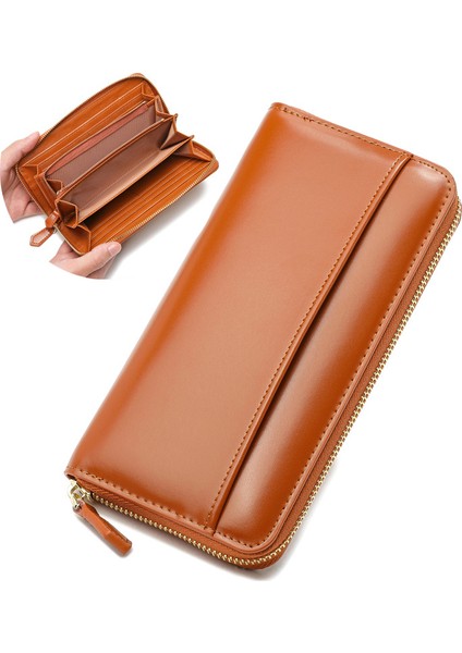 Büyük Kapasiteli Sığır Derisi Kadın Fermuarlı Cüzdan Uzun (Yurt Dışından)