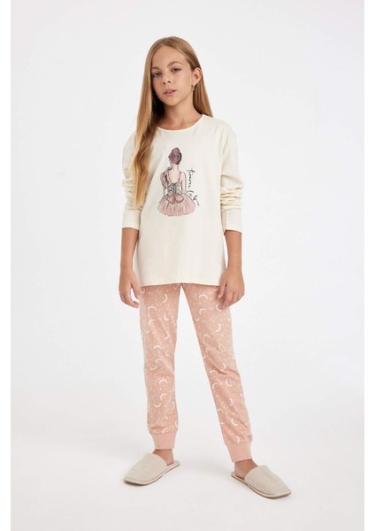 Kız Çocuk Pijama Takımı Balerin Kız Baskılı Uzun Kollu Üst Uzun Alt D6051A824AU