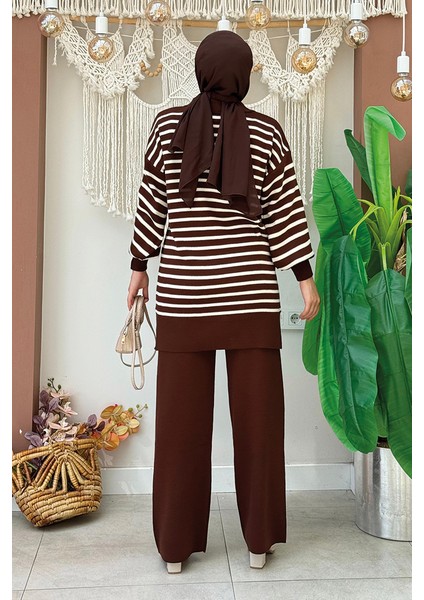 Yaka Bağlama Detaylı Tunik ve Pantolon Ikili Triko Takım 2-1515 Kahverengi
