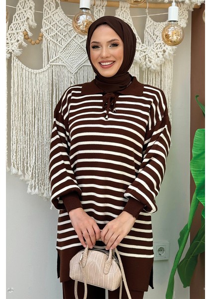 Yaka Bağlama Detaylı Tunik ve Pantolon Ikili Triko Takım 2-1515 Kahverengi