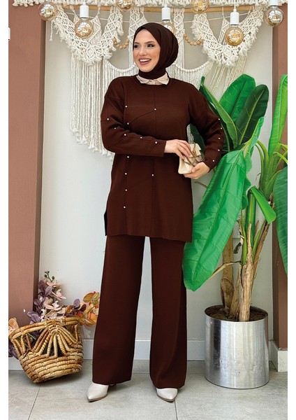 Taş Detaylı Tunik ve Pantolon Ikili Triko Takım 2-1545 Kahverengi