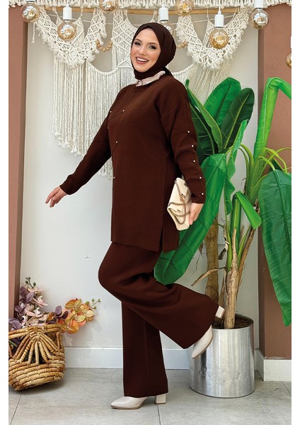 Taş Detaylı Tunik ve Pantolon Ikili Triko Takım 2-1545 Kahverengi modelleri