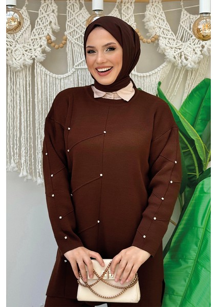 Taş Detaylı Tunik ve Pantolon Ikili Triko Takım 2-1545 Kahverengi fırsatları