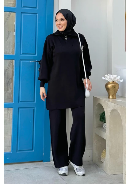 Bym Fashion Yakası Fermuarlı Tunik ve Pantolon Ikili Triko Takım 2-1535 Siyah