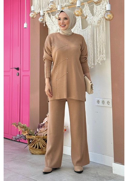 Taş Detaylı Tunik ve Pantolon Ikili Triko Takım 2-1545 Vizon